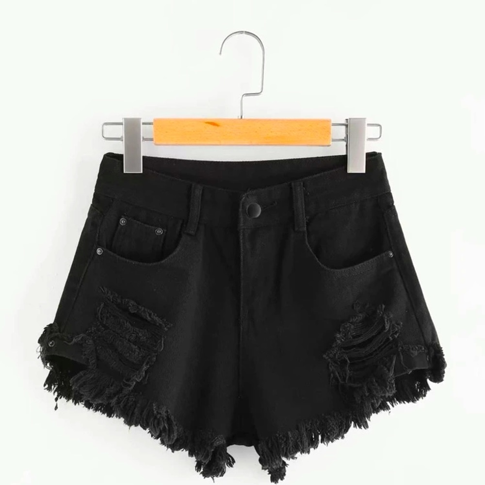 Black Denim Distressed Shorts